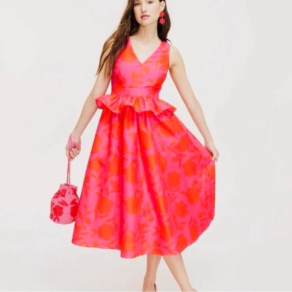 Kate Spade size 12 Bold Pink & Red Floral Midi Peplum Dress Garden Party Brunch